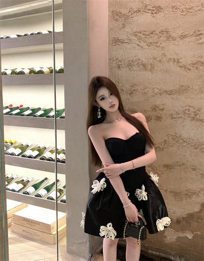 Birthday Party A-Line Corset Strapless Cream Mini Skirt Elegant 3D White Flower Accent Short Dress AP1916