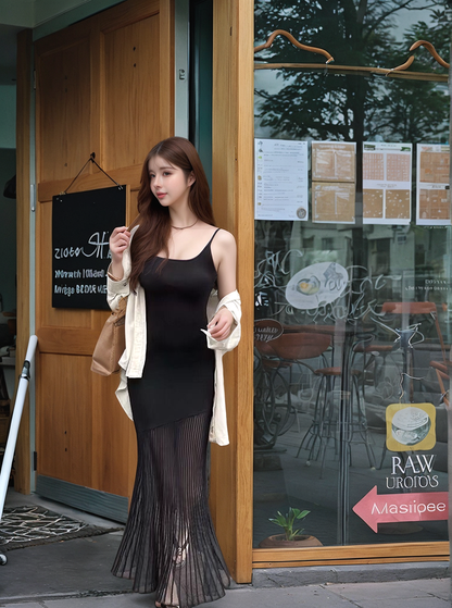 Fashionable Black Spaghetti Straps Maxi Dress Vogue Sheer Pleat Mesh Splicing Hem Long Dress AP1917