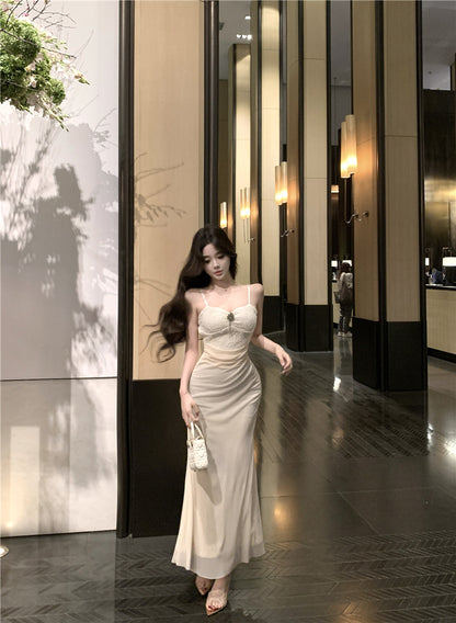 Graceful Sheath Rhinestone Accent Spaghetti Straps Maxi Dress Feast Outfit Textured Applique Chiffon Hem Splicing Long Dress AP1918