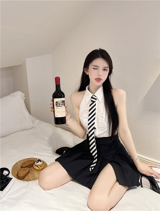 New Arrival Preppy Two-Piece Set Striped Tie Mini Skirt Everyday Wear Halter Sleeveless Top Slit Pleated Short Dress AP1919