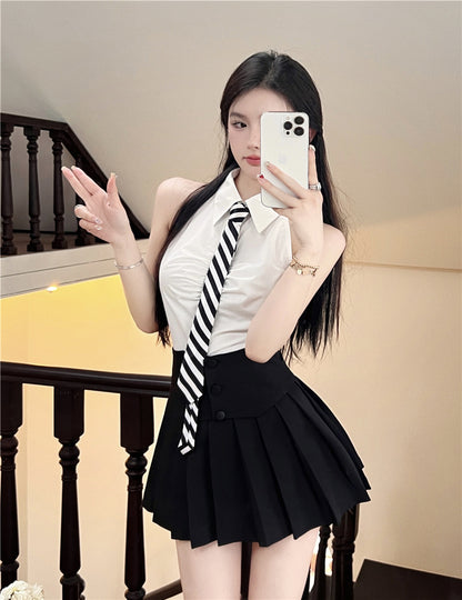New Arrival Preppy Two-Piece Set Striped Tie Mini Skirt Everyday Wear Halter Sleeveless Top Slit Pleated Short Dress AP1919