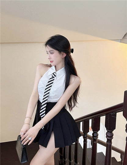 New Arrival Preppy Two-Piece Set Striped Tie Mini Skirt Everyday Wear Halter Sleeveless Top Slit Pleated Short Dress AP1919