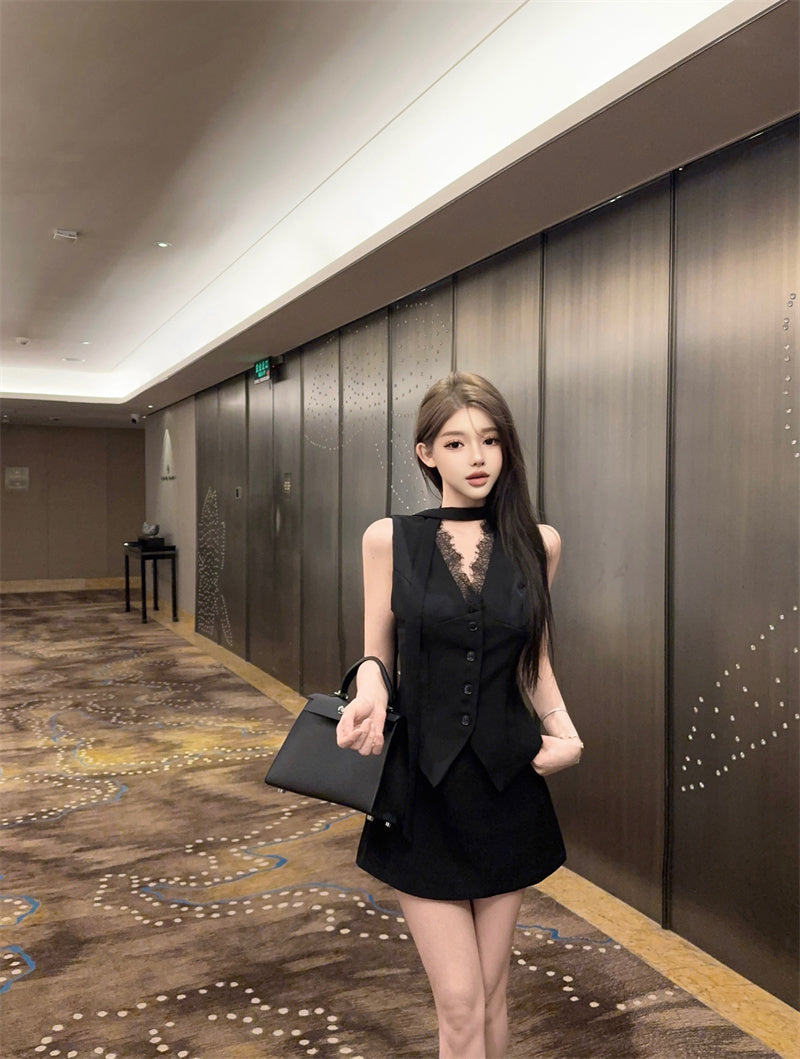 Everyday Wear Black Sleeveless Vest Lace V-Neck Inner Mini Skirt Sexy Button-Front 2-Piece Set Office-Ready Short Dress AP1920