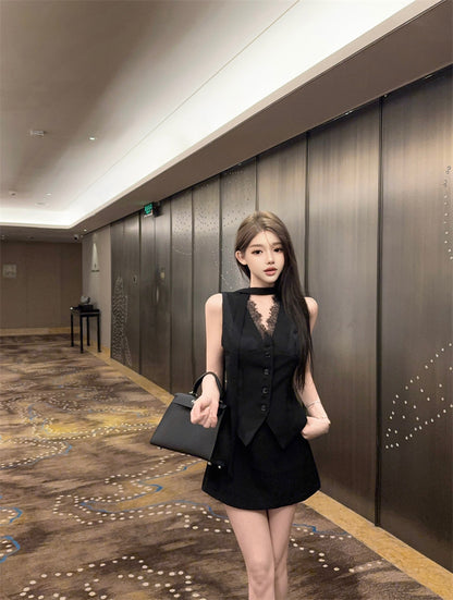 Everyday Wear Black Sleeveless Vest Lace V-Neck Inner Mini Skirt Sexy Button-Front 2-Piece Set Office-Ready Short Dress AP1920