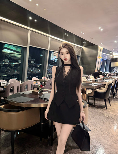 Everyday Wear Black Sleeveless Vest Lace V-Neck Inner Mini Skirt Sexy Button-Front 2-Piece Set Office-Ready Short Dress AP1920