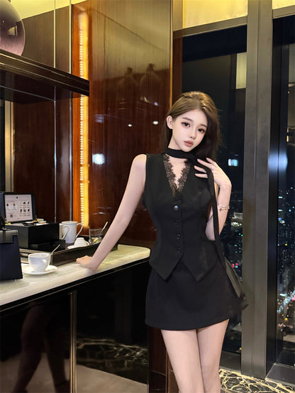 Everyday Wear Black Sleeveless Vest Lace V-Neck Inner Mini Skirt Sexy Button-Front 2-Piece Set Office-Ready Short Dress AP1920