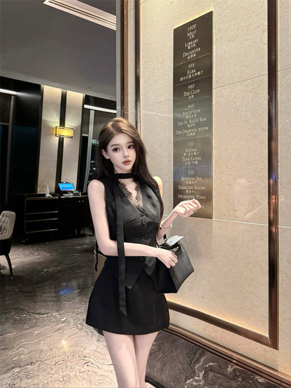 Everyday Wear Black Sleeveless Vest Lace V-Neck Inner Mini Skirt Sexy Button-Front 2-Piece Set Office-Ready Short Dress AP1920