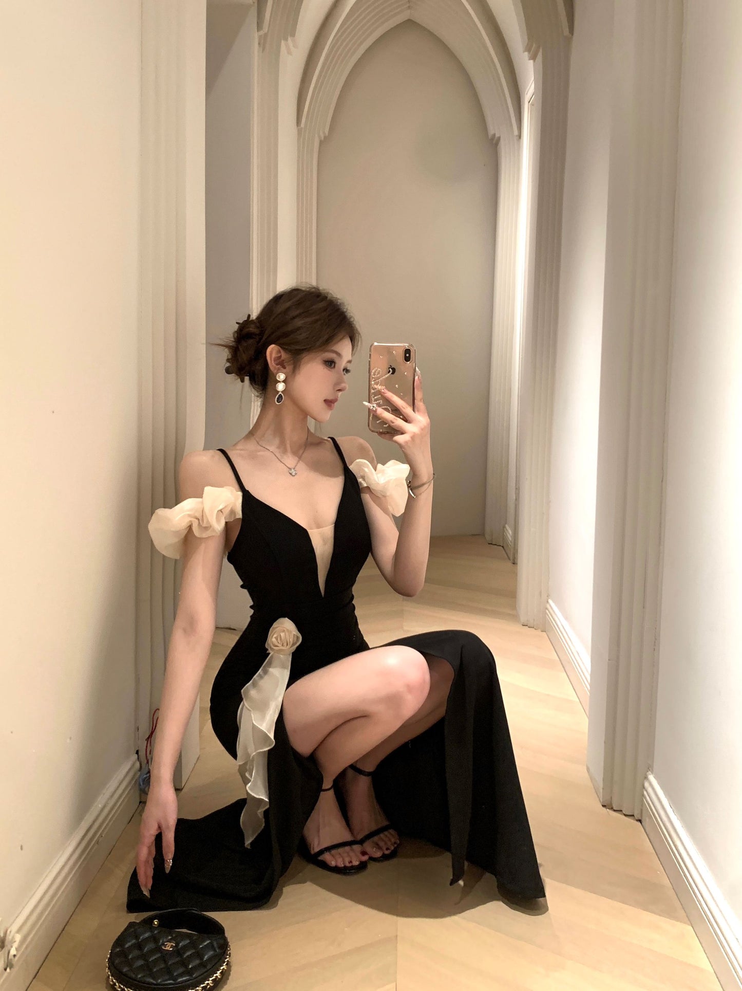 Romantic Asymmetric Sheen Ruffles Off-Shoulder Maxi Dress Glamorous High Slit Black Mermaid White Flower Detail Long Dress AP1921