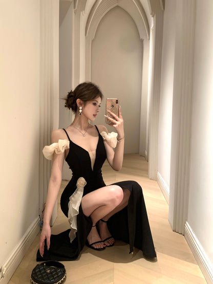 Romantic Asymmetric Sheen Ruffles Off-Shoulder Maxi Dress Glamorous High Slit Black Mermaid White Flower Detail Long Dress AP1921