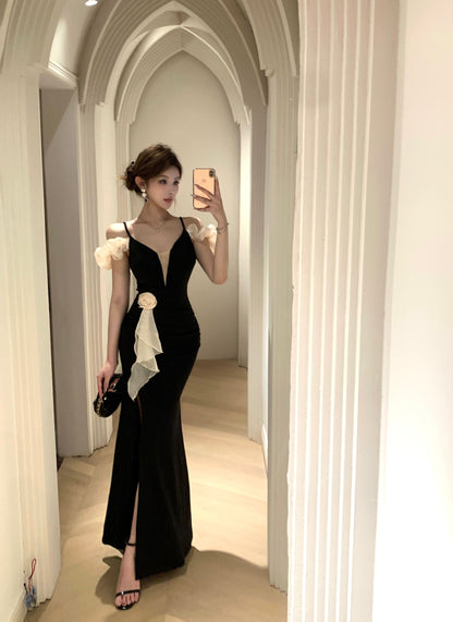 Romantic Asymmetric Sheen Ruffles Off-Shoulder Maxi Dress Glamorous High Slit Black Mermaid White Flower Detail Long Dress AP1921