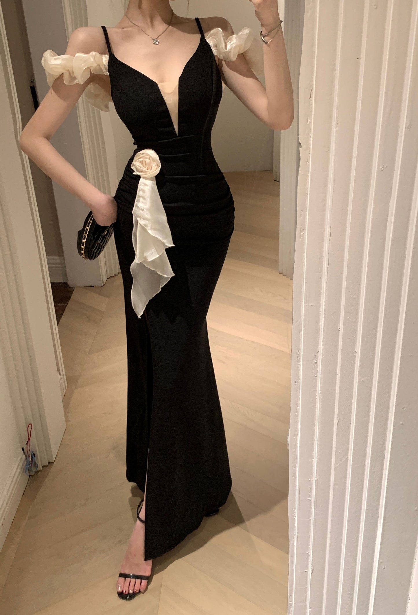 Romantic Asymmetric Sheen Ruffles Off-Shoulder Maxi Dress Glamorous High Slit Black Mermaid White Flower Detail Long Dress AP1921