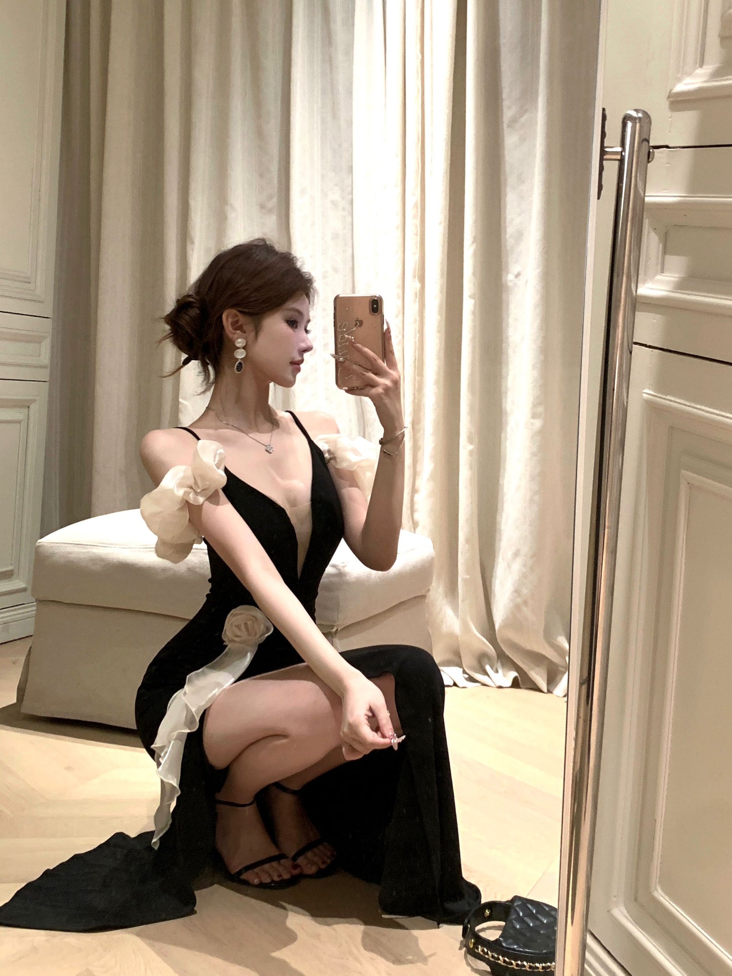 Romantic Asymmetric Sheen Ruffles Off-Shoulder Maxi Dress Glamorous High Slit Black Mermaid White Flower Detail Long Dress AP1921