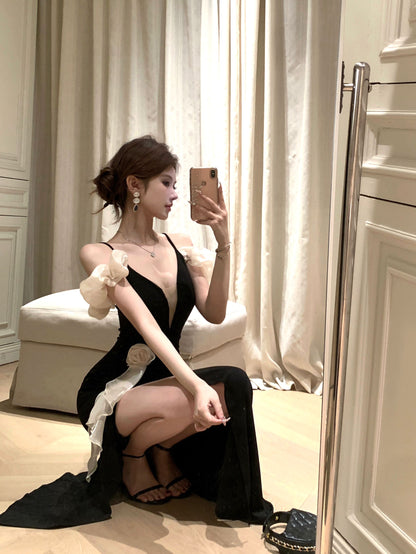 Romantic Asymmetric Sheen Ruffles Off-Shoulder Maxi Dress Glamorous High Slit Black Mermaid White Flower Detail Long Dress AP1921