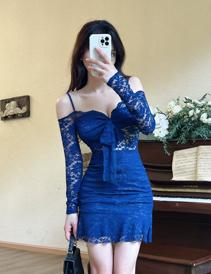 Retro Hot Girls Royal Blue Off-Shoulder Front Bow Mini Skirt French-Style Sheer Lace Long Sleeves Ruffled Hem Short Dress AP1922