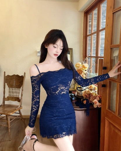 Retro Hot Girls Royal Blue Off-Shoulder Front Bow Mini Skirt French-Style Sheer Lace Long Sleeves Ruffled Hem Short Dress AP1922