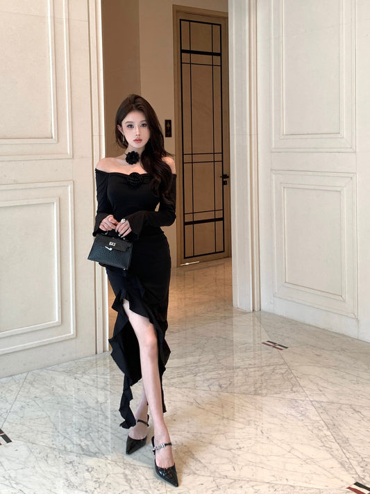 Alluring 3D Floral Design Long Bell Sleeve Maxi Dress Feast Outfit Black Hi-Lo Hem Ruffled Trim Sheath Long Dress AP1923