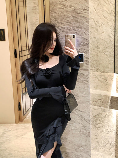 Alluring 3D Floral Design Long Bell Sleeve Maxi Dress Feast Outfit Black Hi-Lo Hem Ruffled Trim Sheath Long Dress AP1923
