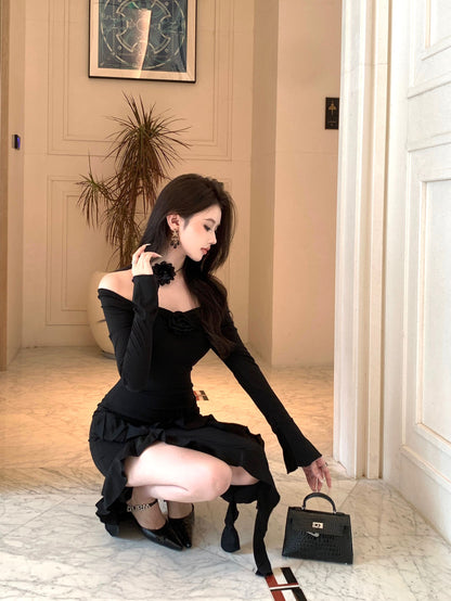 Alluring 3D Floral Design Long Bell Sleeve Maxi Dress Feast Outfit Black Hi-Lo Hem Ruffled Trim Sheath Long Dress AP1923