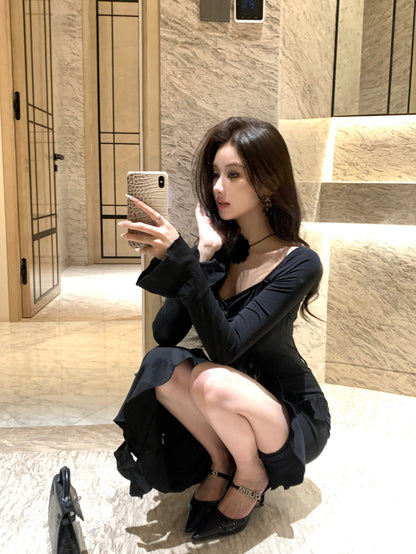 Alluring 3D Floral Design Long Bell Sleeve Maxi Dress Feast Outfit Black Hi-Lo Hem Ruffled Trim Sheath Long Dress AP1923