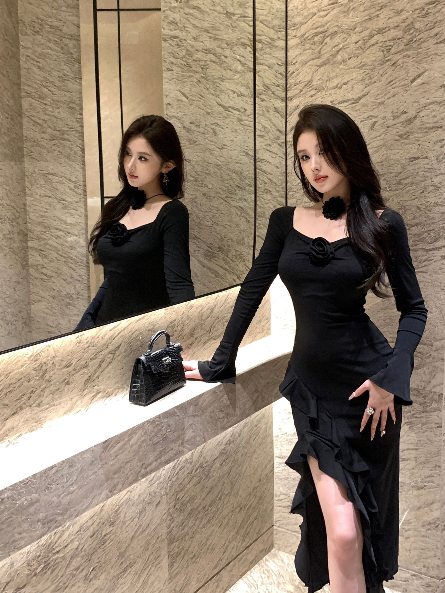 Alluring 3D Floral Design Long Bell Sleeve Maxi Dress Feast Outfit Black Hi-Lo Hem Ruffled Trim Sheath Long Dress AP1923