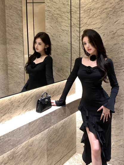 Alluring 3D Floral Design Long Bell Sleeve Maxi Dress Feast Outfit Black Hi-Lo Hem Ruffled Trim Sheath Long Dress AP1923