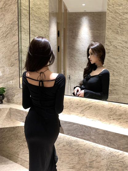 Alluring 3D Floral Design Long Bell Sleeve Maxi Dress Feast Outfit Black Hi-Lo Hem Ruffled Trim Sheath Long Dress AP1923