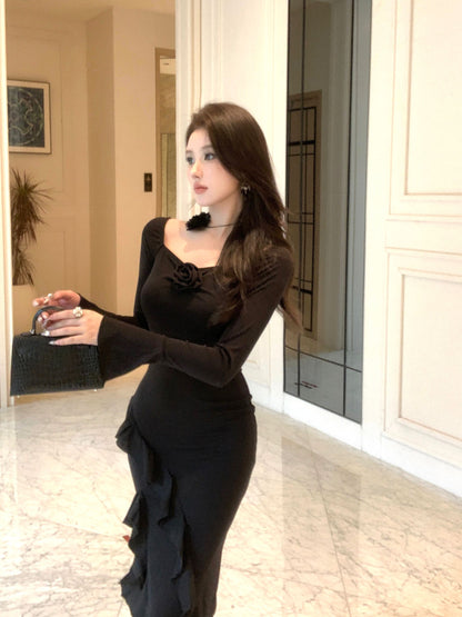 Alluring 3D Floral Design Long Bell Sleeve Maxi Dress Feast Outfit Black Hi-Lo Hem Ruffled Trim Sheath Long Dress AP1923