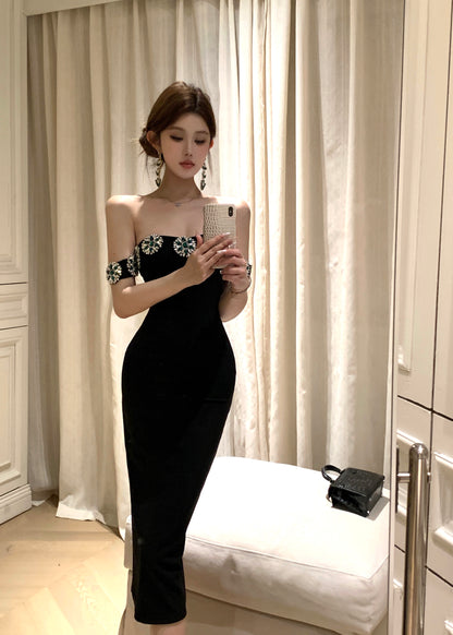 Luxurious Black Strapless Off-Shoulder Midi Dress Rhinestone Flower Accents Bodycon Long Dress AP1924