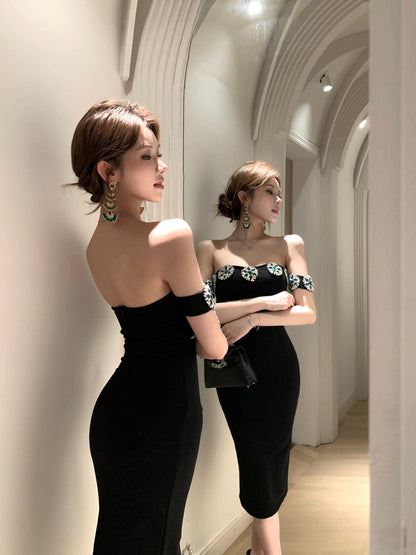 Luxurious Black Strapless Off-Shoulder Midi Dress Rhinestone Flower Accents Bodycon Long Dress AP1924