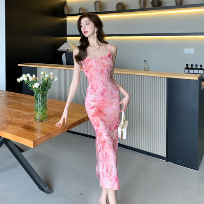 Vibrant Pink Floral Print Sheath Midi Dress Spaghetti Straps Double Layers Backless Long Dress AP1925