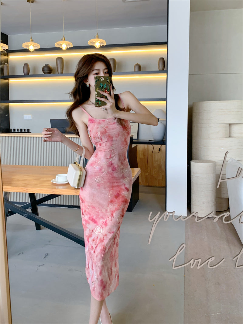 Vibrant Pink Floral Print Sheath Midi Dress Spaghetti Straps Double Layers Backless Long Dress AP1925