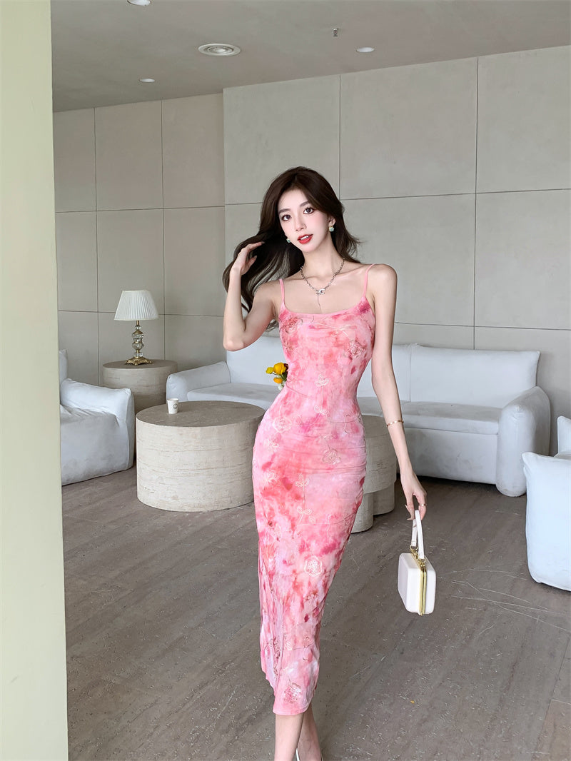Vibrant Pink Floral Print Sheath Midi Dress Spaghetti Straps Double Layers Backless Long Dress AP1925
