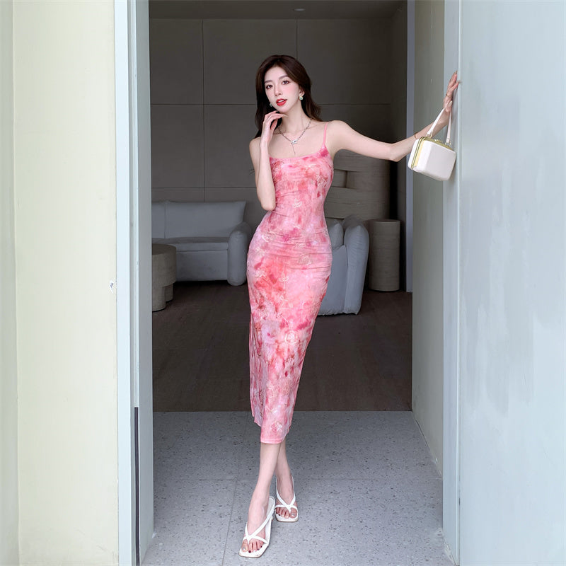 Vibrant Pink Floral Print Sheath Midi Dress Spaghetti Straps Double Layers Backless Long Dress AP1925