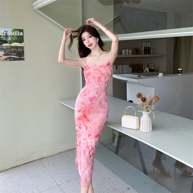 Vibrant Pink Floral Print Sheath Midi Dress Spaghetti Straps Double Layers Backless Long Dress AP1925