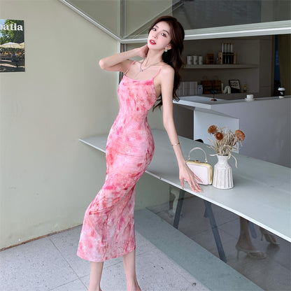 Vibrant Pink Floral Print Sheath Midi Dress Spaghetti Straps Double Layers Backless Long Dress AP1925
