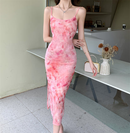Vibrant Pink Floral Print Sheath Midi Dress Spaghetti Straps Double Layers Backless Long Dress AP1925