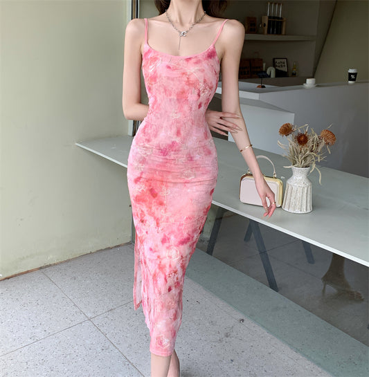 Vibrant Pink Floral Print Sheath Midi Dress Spaghetti Straps Double Layers Backless Long Dress AP1925