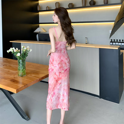 Vibrant Pink Floral Print Sheath Midi Dress Spaghetti Straps Double Layers Backless Long Dress AP1925