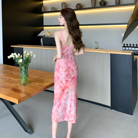 Vibrant Pink Floral Print Sheath Midi Dress Spaghetti Straps Double Layers Backless Long Dress AP1925