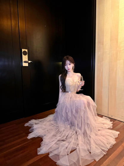 Exquisite Birthday Party Two-Piece Set Maxi Skirt Vogue Lace Hem Strapless Inner Sheer Mesh Short Dress AP1926