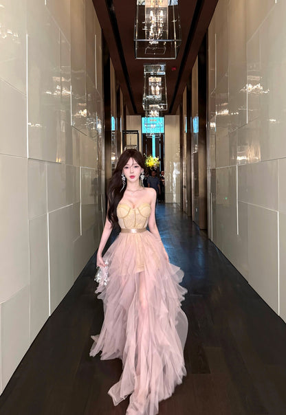 Exquisite Birthday Party Two-Piece Set Maxi Skirt Vogue Lace Hem Strapless Inner Sheer Mesh Short Dress AP1926