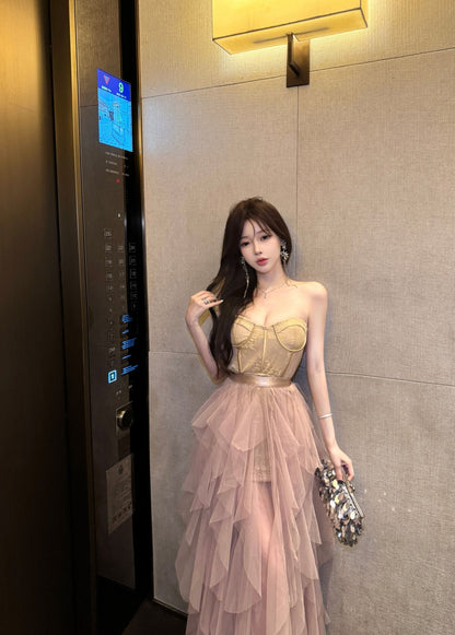 Exquisite Birthday Party Two-Piece Set Maxi Skirt Vogue Lace Hem Strapless Inner Sheer Mesh Short Dress AP1926