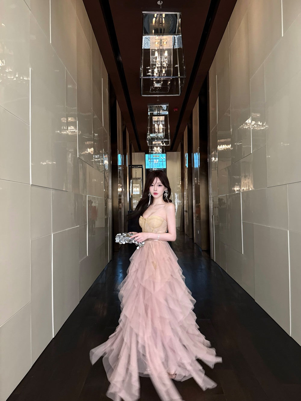 Exquisite Birthday Party Two-Piece Set Maxi Skirt Vogue Lace Hem Strapless Inner Sheer Mesh Short Dress AP1926