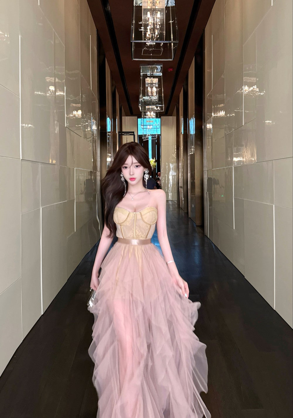 Exquisite Birthday Party Two-Piece Set Maxi Skirt Vogue Lace Hem Strapless Inner Sheer Mesh Short Dress AP1926