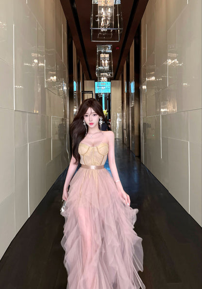 Exquisite Birthday Party Two-Piece Set Maxi Skirt Vogue Lace Hem Strapless Inner Sheer Mesh Short Dress AP1926