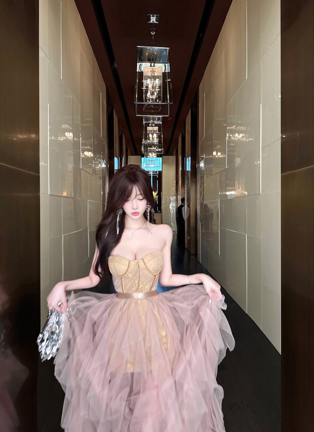 Exquisite Birthday Party Two-Piece Set Maxi Skirt Vogue Lace Hem Strapless Inner Sheer Mesh Short Dress AP1926