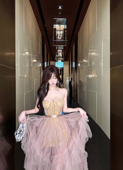 Exquisite Birthday Party Two-Piece Set Maxi Skirt Vogue Lace Hem Strapless Inner Sheer Mesh Short Dress AP1926