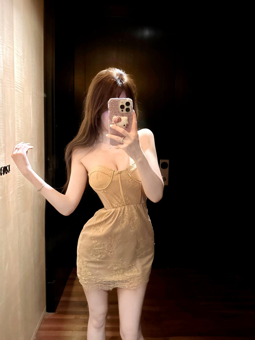 Exquisite Birthday Party Two-Piece Set Maxi Skirt Vogue Lace Hem Strapless Inner Sheer Mesh Short Dress AP1926