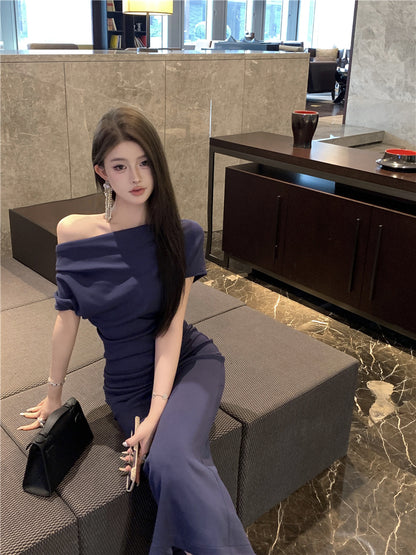 Elegant Asymmetric Neckline Off-Shoulder Maxi Dress Glamorous Navy Blue Mermaid Draped Neckline Short Sleeve Long Dress AP1927