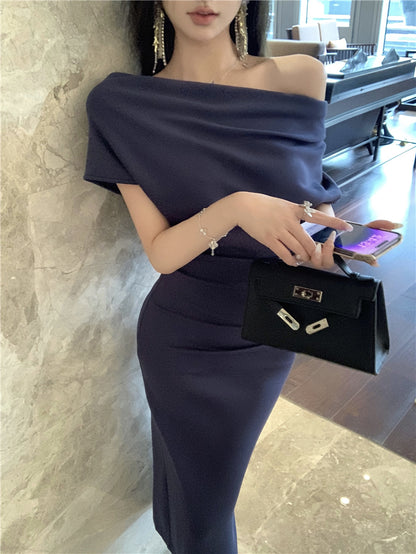 Elegant Asymmetric Neckline Off-Shoulder Maxi Dress Glamorous Navy Blue Mermaid Draped Neckline Short Sleeve Long Dress AP1927